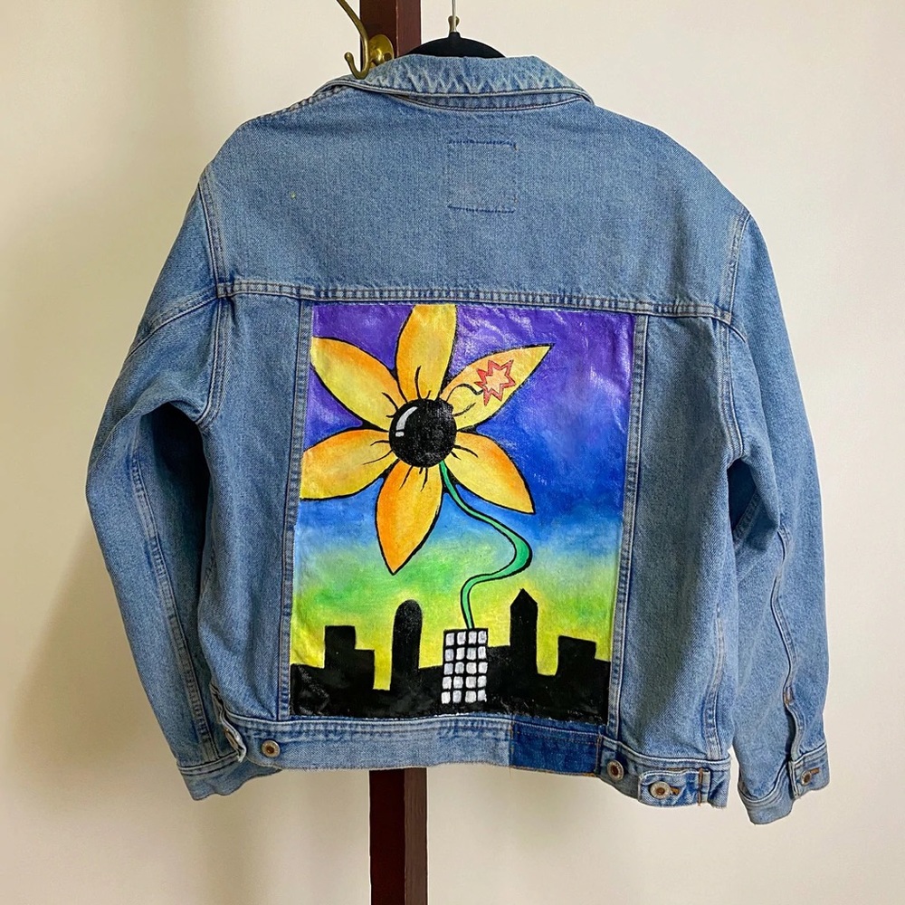 Hand painted wild flower in the city denim jacket size L